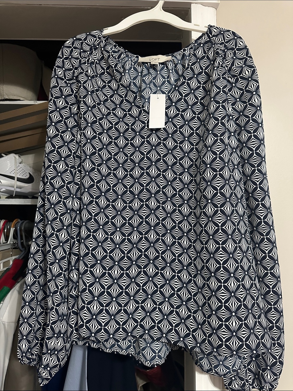 LOFT Navy and White Geometric Peasant Blouse